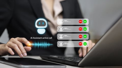 Businesswoman using AI assistant active call interface with virtual voice assistant, communication technology, smart automation, customer service, and artificial intelligence solution concept