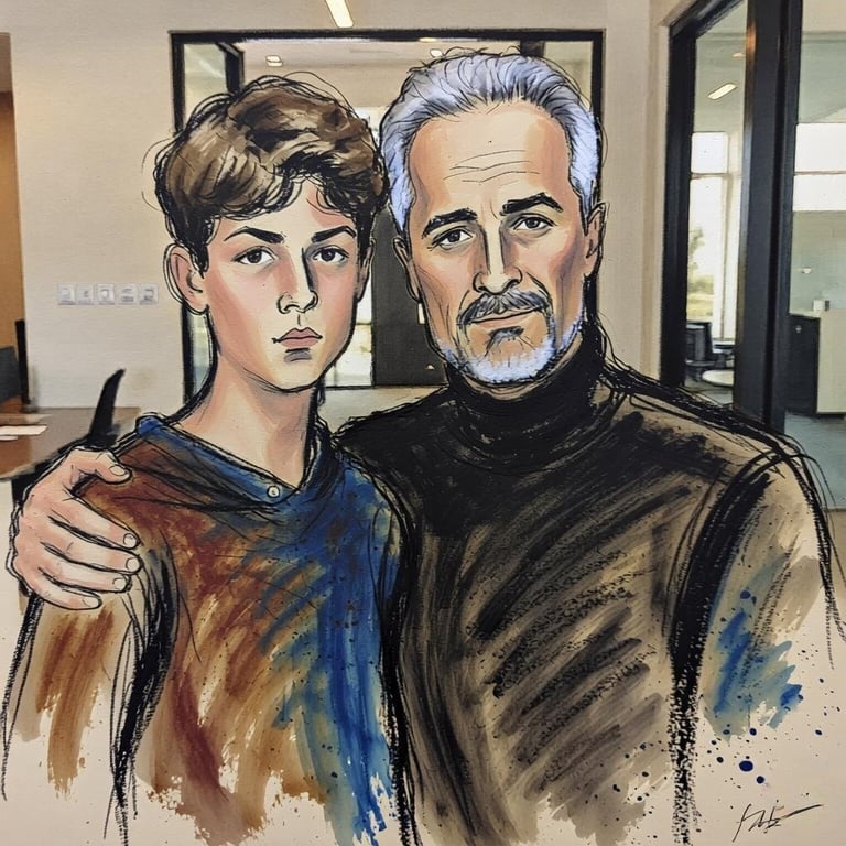 Sketch drawing of an adult man with white hair and mustache embracing a young boy with dark hair, both in casual clothing
