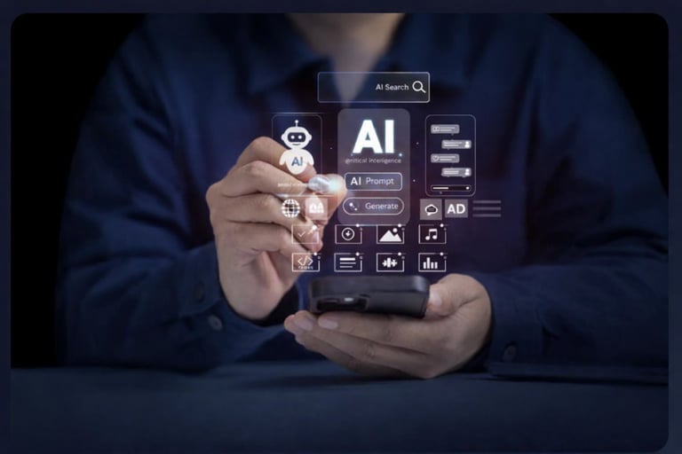 Person holding smartphone displaying AI interface with various AI tools and icons on screen